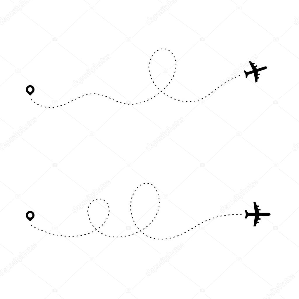 Airplane dotted path. Dash travel line route point aircraft path flight map trip plan airline trace. Plain path vector