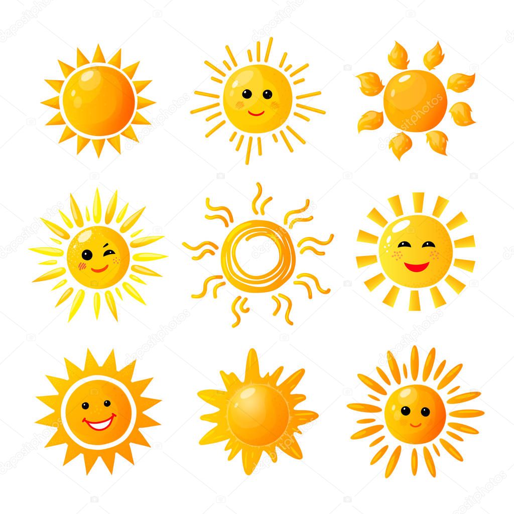 Cute sun. Hand drawn sunshine. Summer morning sunrise. Doodle vector warming joy icons