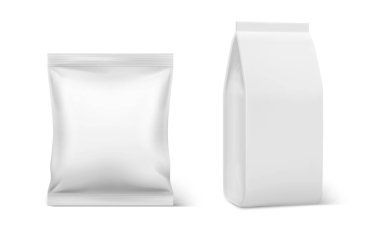 Gerçekçi yastık paketi. Kahve doy boş mockup, plastik boş gıda paketleme, izole doy kılıfı yastık çanta vektör şablonları