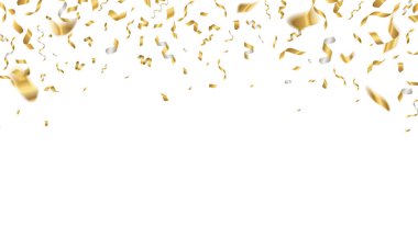 Altın kutlama konfeti. Düşen parti şeritler, tatil dekorasyon uçan yıllar. Gerçekçi yıldönümü olay altın şerit
