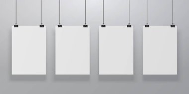 Realistic poster mockup. Blank paper hanging on binders at the wall, empty A4 paper poster clipped on ropes. Advertising frames clipart
