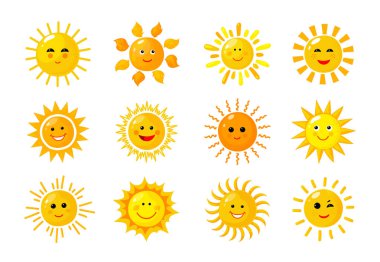 Güneş emoji. Komik yaz bahar güneş ışınları bebek mutlu sabah ifadeler güneş. Güneşli gülümseyen yüzler vektör güneş simgeler