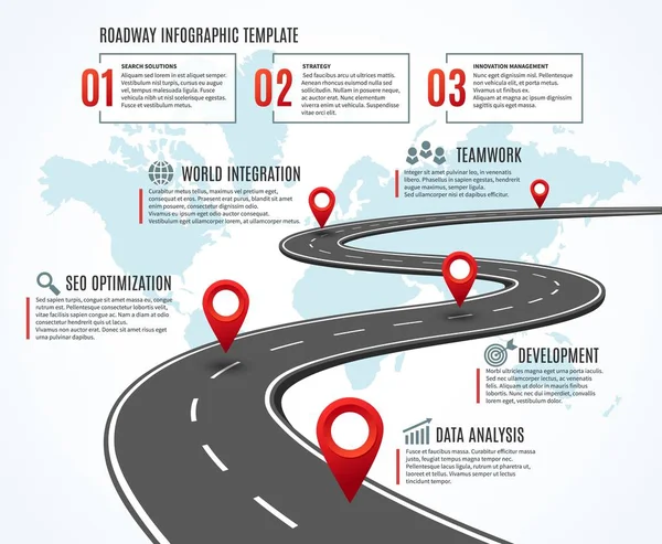 Hoja de ruta de negocios. Cronología de la estrategia con hitos, camino al éxito. Flujo de trabajo, planificación infografía de rutas — Vector de stock