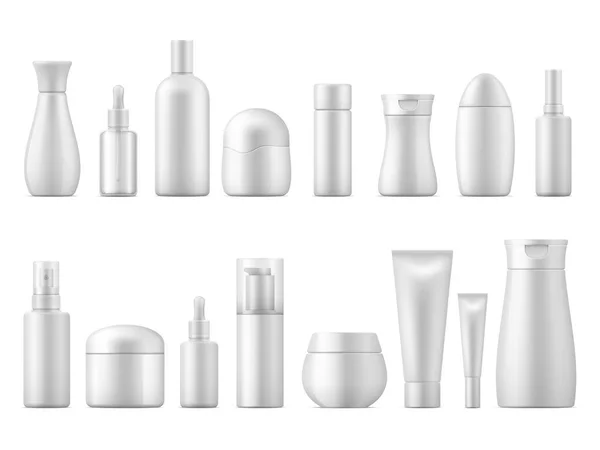 Reális kozmetikai csomag. Fehér termék üveg műanyag krém sampon spray tartályba üres 3d cső pack adagoló sablon — Stock Vector