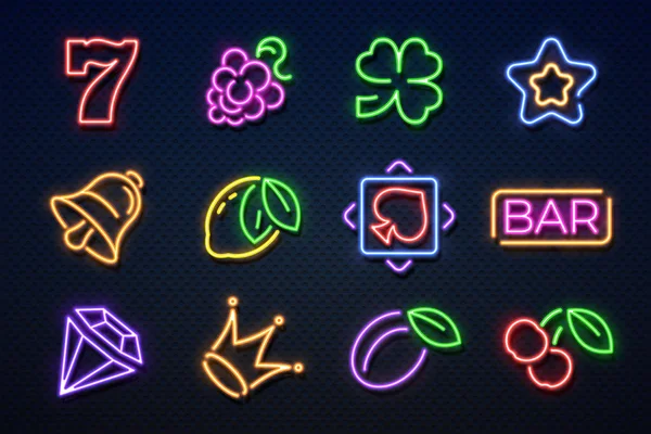 Neon casino signs. Slot gambling machine, playing cards, cherry and hearts, gaming jackpot machine. Vector casino neon icons — Stock Vector