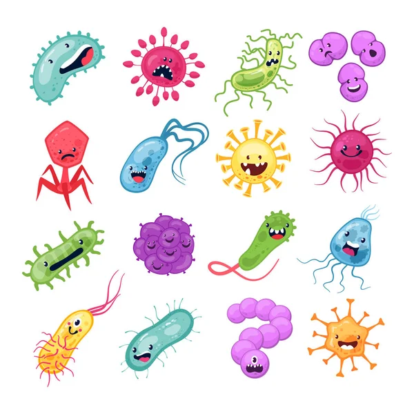 Virus tekens. Grappige virussen biologische anti microben epidemiologie bacteriële infectie kiem griep microbiologie cartoon vector — Stockvector