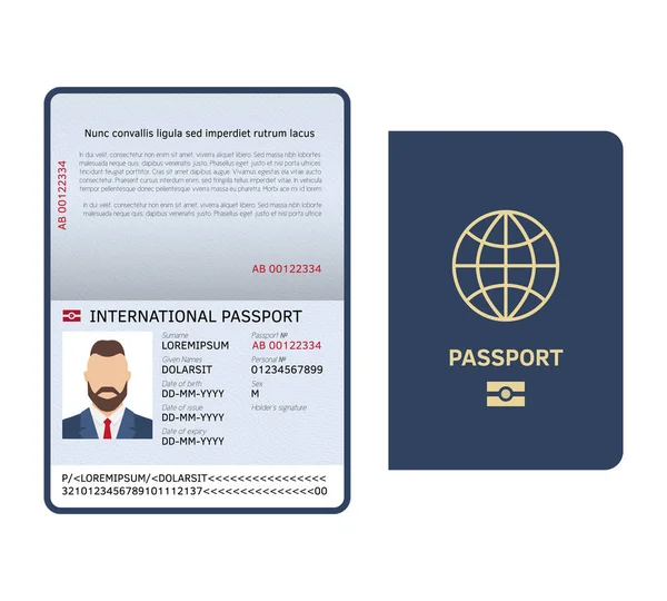 Open passport. Id document male photo page legal sample international passport vector template — Stock Vector