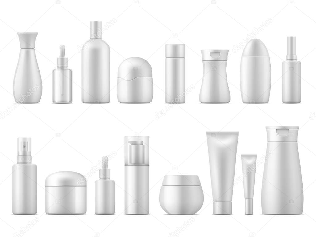Realistic cosmetic package. White product bottle plastic lotion shampoo spray container blank 3D tube pack dispenser template