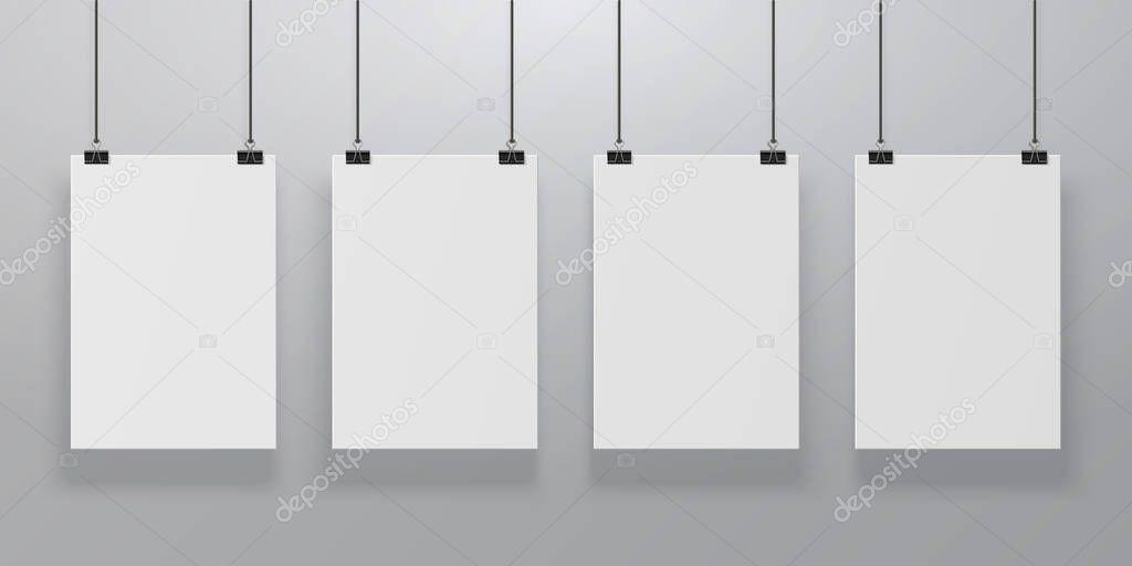 Realistic poster mockup. Blank paper hanging on binders at the wall, empty A4 paper poster clipped on ropes. Advertising frames