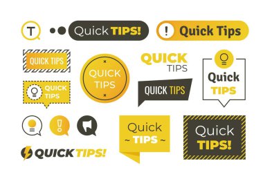 Quick tips shapes. Helpful tricks logos and banners, advices and suggestions emblems. Vector quick helpful tips clipart