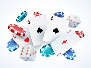 Oyun kartları zar fişleri. Casino poker kumar gerçekçi 3d düşen kartları ve üzerinde beyaz izole cips. Vektör poker kartları