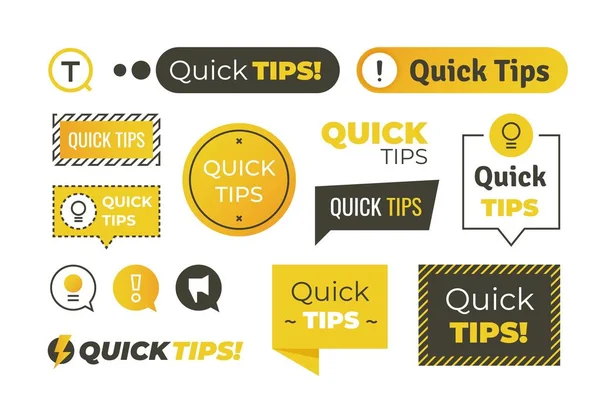 Quick tips shapes. Helpful tricks logos and banners, advices and suggestions emblems. Vector quick helpful tips — Stock Vector