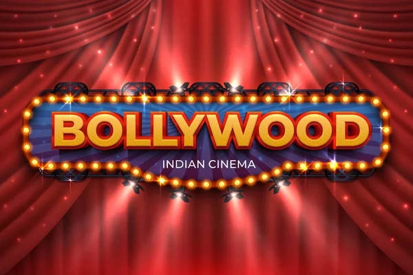 Indiase cinema achtergrond. Bollywood filmposter met rode gordijnen, 3D-realistische film award fase. Vector Bollywood cinematografie — Stockvector