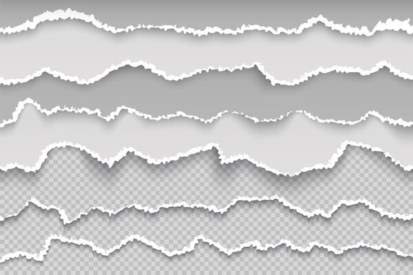 Rip paper page. Torn page transparent grunge border, broken white cardboard, rough damaged scrapbook texture. Vector scrap paper