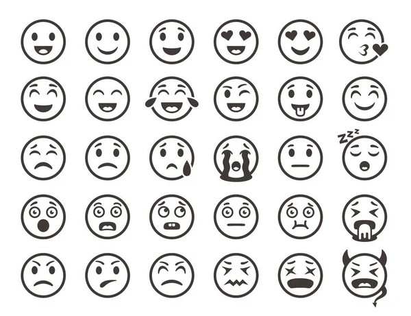 Очертания эмотиконов. Emoji лица смайлик смешной иконки вектор улыбки линии — стоковый вектор