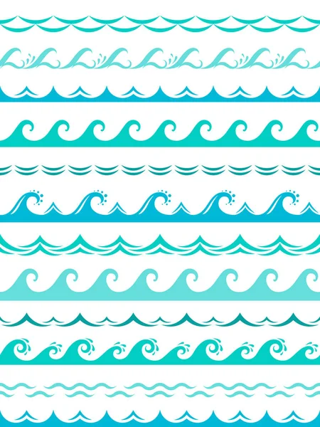Meereswellen-Grenzen. nahtloser Ozean Sturmwellen wellige Oberfläche blau Wasser Splash Silhouette Elemente horizontale Rahmen Vektor-Set — Stockvektor