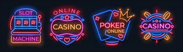 Insegne al neon del casinò. Bandiere di primo premio di macchina mangiasoldi, cartellone di notte di bar di poker, roulette di gioco. Bandiere al neon del casinò vettoriale — Vettoriale Stock