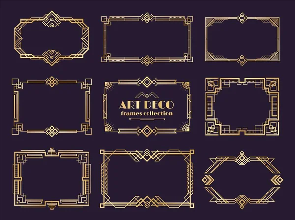 Art-déco-Grenzen gesetzt. Goldene Rahmen der 1920er Jahre, luxuriöser geometrischer Jugendstil, abstrakte Vintage-Ornamente. Vektor Art Deco Elemente — Stockvektor