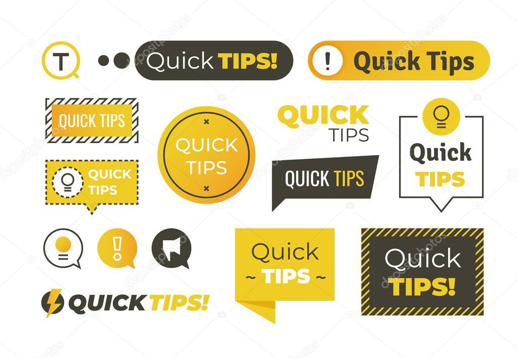 Quick tips shapes. Helpful tricks logos and banners, advices and suggestions emblems. Vector quick helpful tips