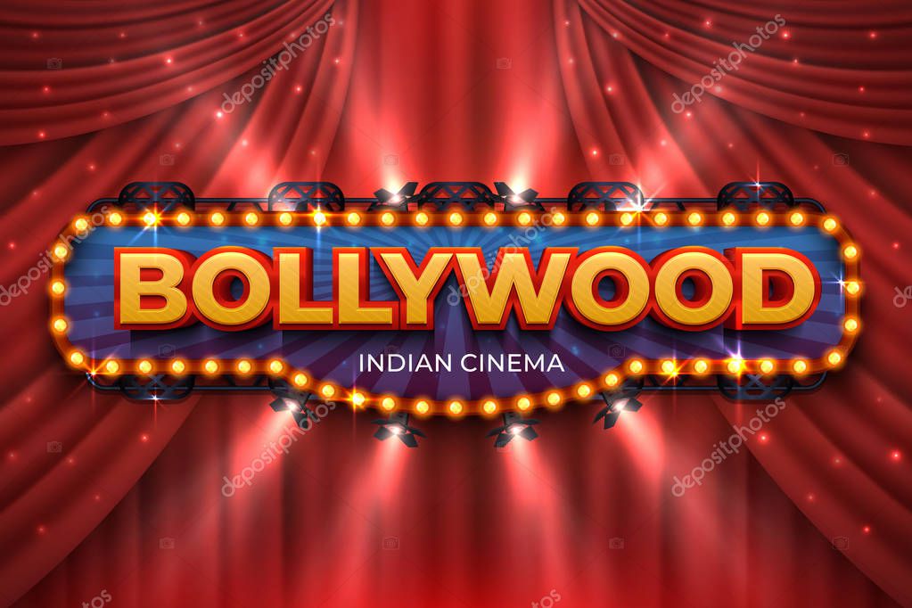 Indian cinema background. Bollywood film poster with red drapes, 3D realistic movie award stage. Blue vector Bollywood cinematography