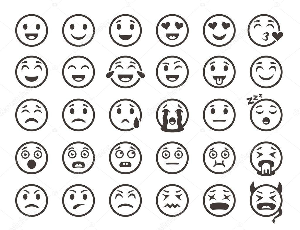 Emoticons outline. Emoji faces emoticon funny smile vector line icons