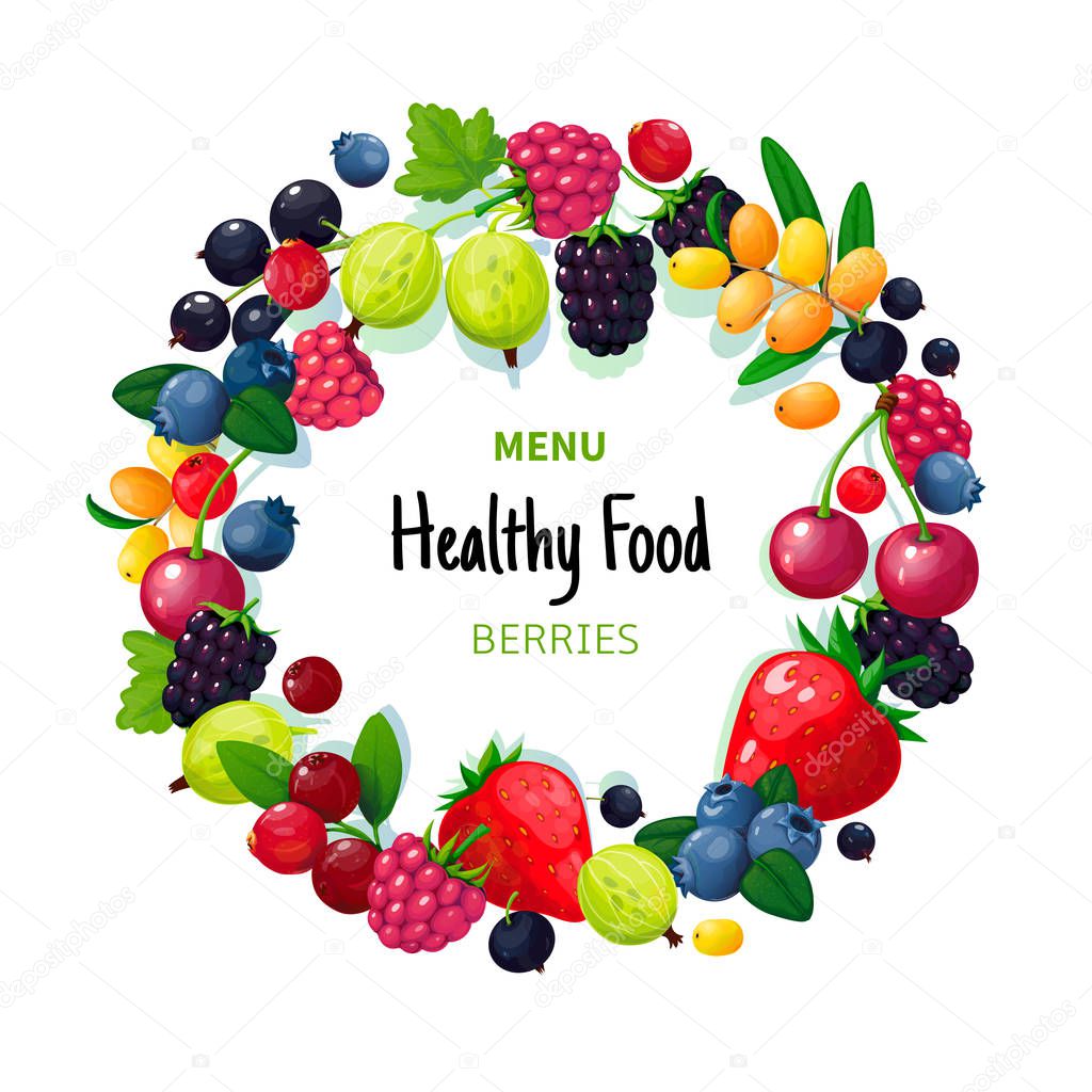 Fresh organic summer berries and fruits. Strawberry blueberry gooseberry blackberry raspberry. Healthy food vegan cafe vector