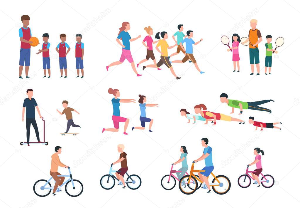 Physical activity. People flat fitness set with parents and children in sport activities. Isolated vector illustration