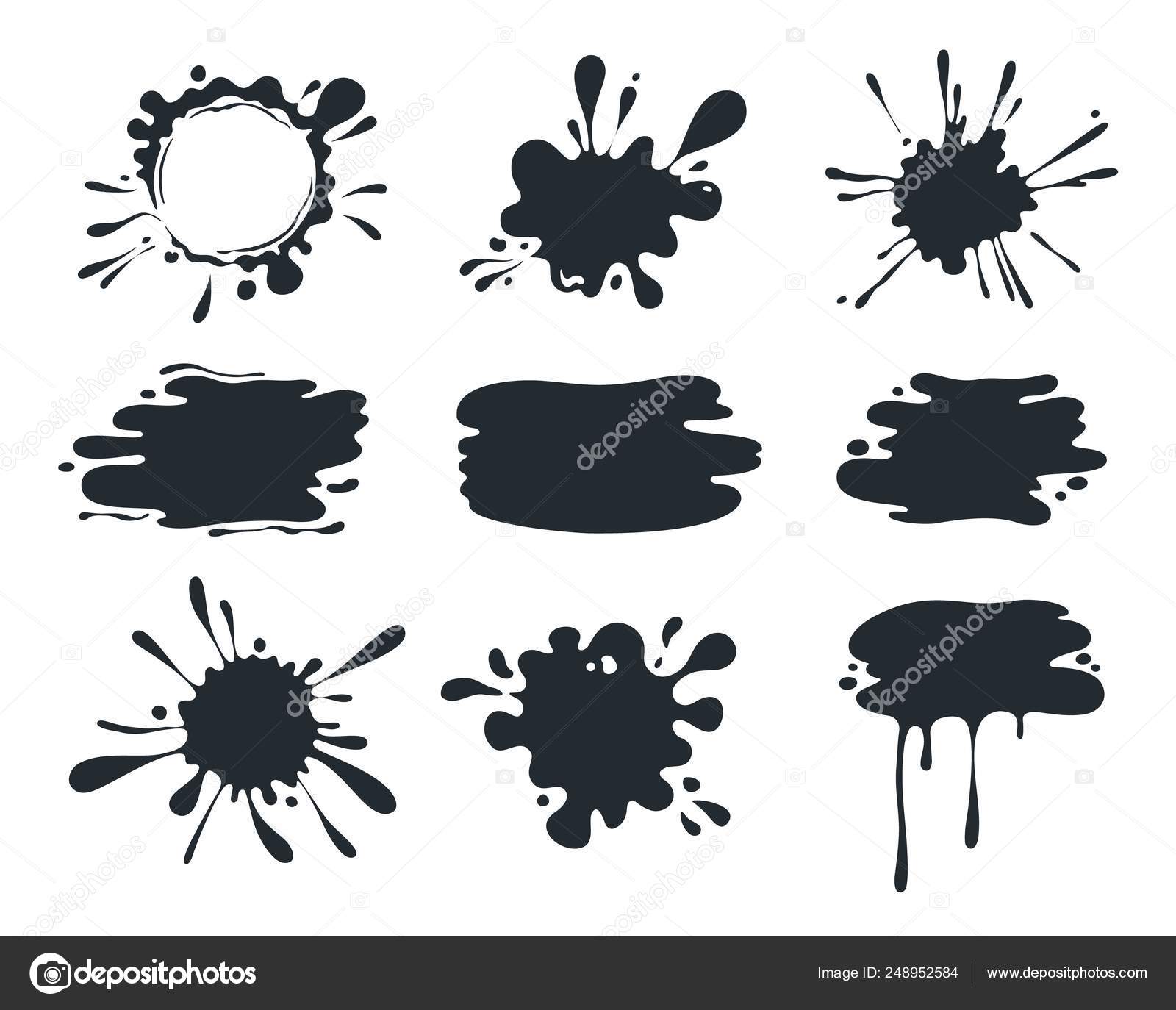 Schwarzer Farbklecks. Pinselstift-Splatterformen, aktuelle Farbflecken,  flüssig tropfende geschmolzene Schokolade. Vektor-Farbtropfen für Logo  Stock-Vektorbild von ©SpicyTruffel 248952584, image size:1600x1374