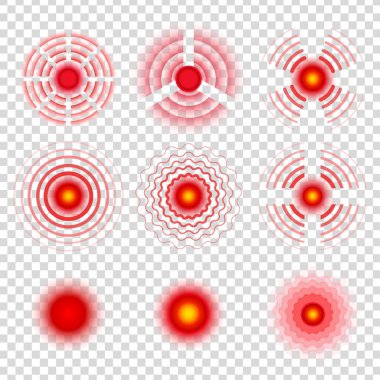 Ağrı daire sembolleri. Ağrı kesici ilaç noktalar simgeler, acı hedef kırmızı Radyal vektör işaretleri