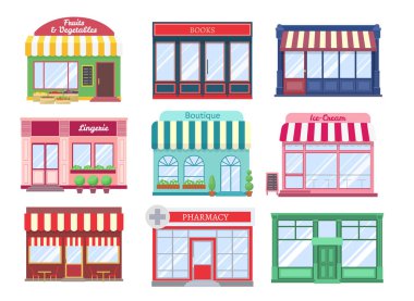 Shop flat buildings. Modern store facade cartoon boutique street building storefront restaurant houses. Shopping vector isolated clipart