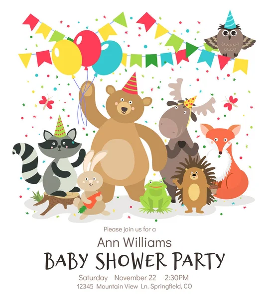 Happy birthday animals poster. Woodland forest animal baby shower kids invitation vintage vector card