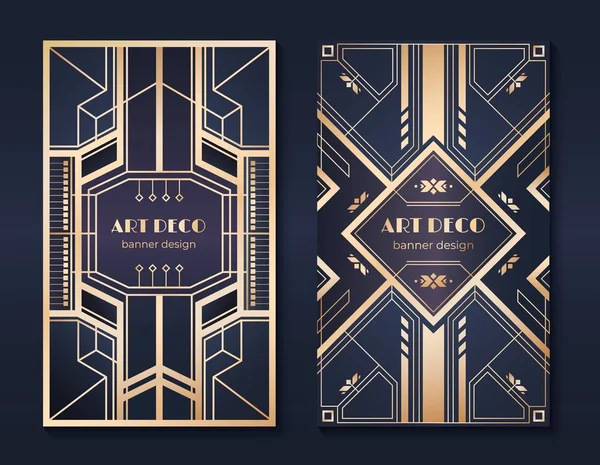 Art deco banners. jaren 1920 partij uitnodiging voor, mooie gouden decoratieve ontwerp, vintage frames en patronen. Art deco flyers — Stockvector