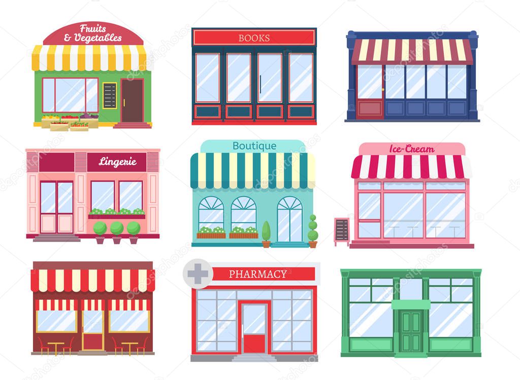 Shop flat buildings. Modern store facade cartoon boutique street building storefront restaurant houses. Shopping vector isolated