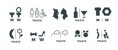 Tuvalet işaretleri. O o Wc kapı sembolleri, dostum ve kadın banyo yön işaretleri. Tuvalet piktogram komik simgelerin vektör