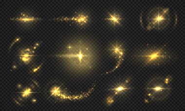 Flashes lights and sparks. Golden glitter effect, shiny transparent particles and rays, abstract flare effects. Vector sun glow clipart