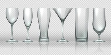 Cam bardak. Boş şeffaf gözlük ve kadehi örnekler, bira ve kokteyl cam gerçekçi 3d ayı. Vektör cam Kupası