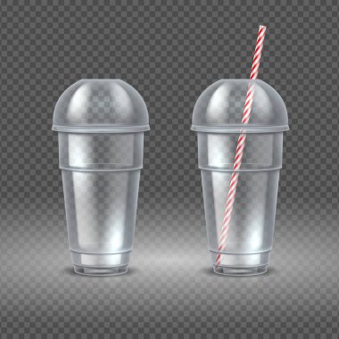 Gerçekçi plastik kap. Şeffaf kahve konteyner ile saman, su suyu ve kokteyl Kupası mockup. Vektör atık kapları