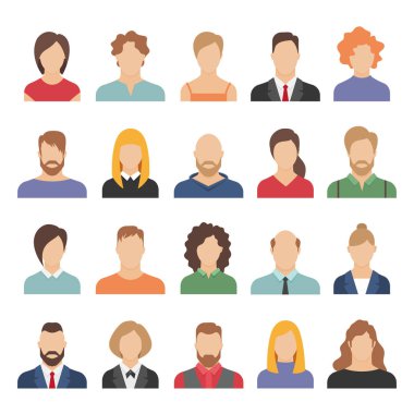 İnsanlar iş avatarları. Ofis profesyonel genç kadın erkek çizgi film yüz portre düz tasarım vektör simgeleri çalışma takım avatarları