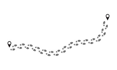 Footprint route. Human prints follow trail, funny people shoe steps, black footstep signs isolated on white. Vector foot route clipart