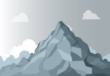Mountain landscape. Alpine Mountain graphic top, high shape stone on background sky. Vector Isolated clipart