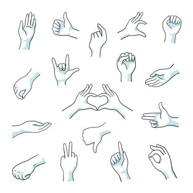 Doodle el hareketleri. Parmak yumruk ve kol çizgi işaretleri, numaralar başparmak yukarı ve jestleri gibi kroki. Vektör el çekilmiş hareketleri