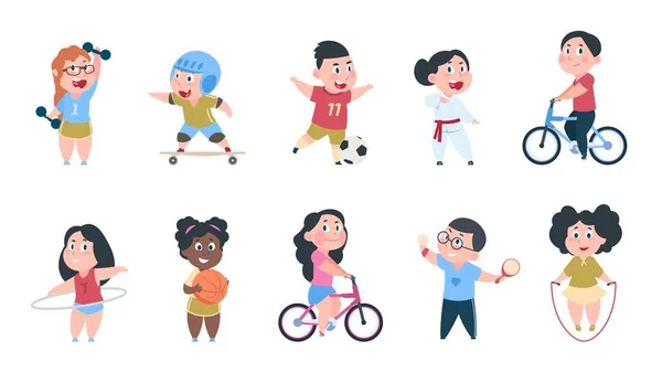 Miúdos dos desenhos animados. Meninos e meninas jogando bola, grupo de crianças andar de bicicleta, fazer exercícios físicos ativos. Vetor brincando de crianças —  Vetores de Stock