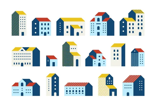 Casas planas mínimas. Edificios geométricos simples conjunto de dibujos animados, ciudades urbanas casas gráficas. Vector mínimo exterior de la casa — Vector de stock