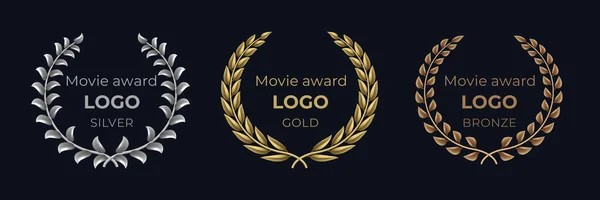 Logo del premio de cine. Laurel emblemas de oro, galardonado banner follaje recompensa, mostrar concepto de lujo premio. Corona dorada vectorial — Archivo Imágenes Vectoriales