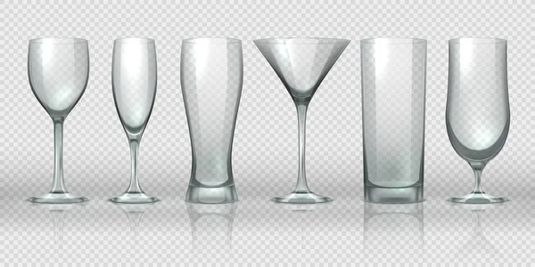 Copas de vidrio. Vasos transparentes vacíos y maquetas de copa, pinta de oso 3D realista y cristalería de cóctel. Vector taza de vidrio — Archivo Imágenes Vectoriales