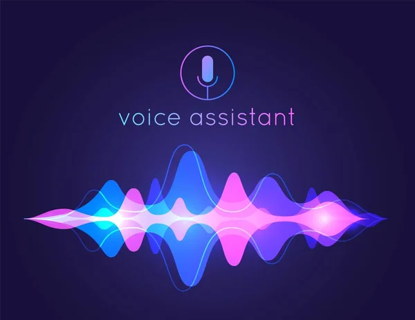 Onda de som assistente de voz. Tecnologia de controle de voz microfone, reconhecimento de voz e som. Vector AI assistente de fundo —  Vetores de Stock