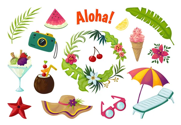 Stickers exotiques. Fête d'été collection tropicale de fruits doodle feuilles cocktail flamant rose, jungle vacances éléments abstraits — Image vectorielle