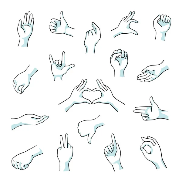 Doodle gestów. Palec pięść i ramię szkic linii znaki, numery kciuk w górę i jak gesty. Wektor ciągnione gestów — Wektor stockowy