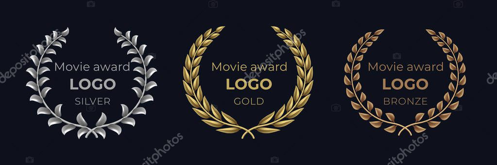 Movie award logo. Laurel golden emblems, winner reward foliage banner, show prize luxury concept. Vector golden wreath set