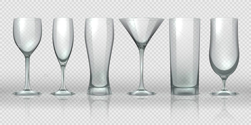 Glass cups. Empty transparent glasses and goblet mockups, realistic 3D bear pint and cocktail glassware. Vector glass cup